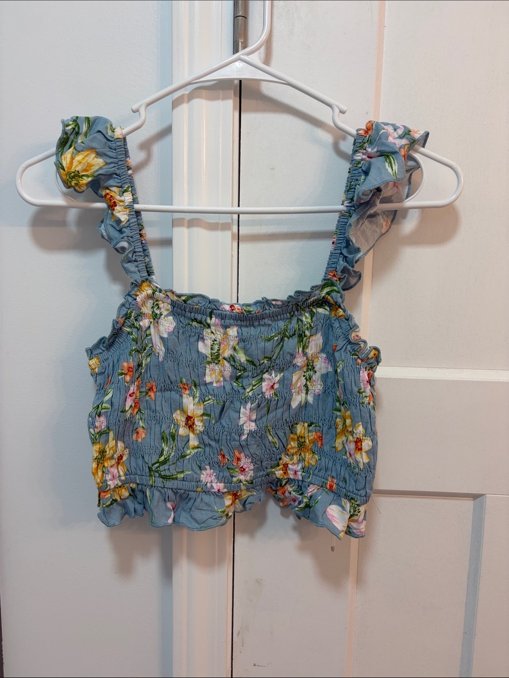 ILLA ILLA Light Blue Floral Smocked Crop Top - Size L